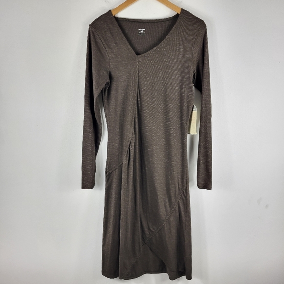 New Horny Toad Pirouette Ruched Asymmetric Long Sleeve Knit Midi Sheath Dress - Picture 2 of 12